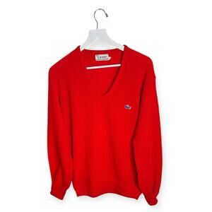 Lacoste Izod 1980s Vintage V-Neck Long-Sleeve Bright Red Sweater M-318 Sz L